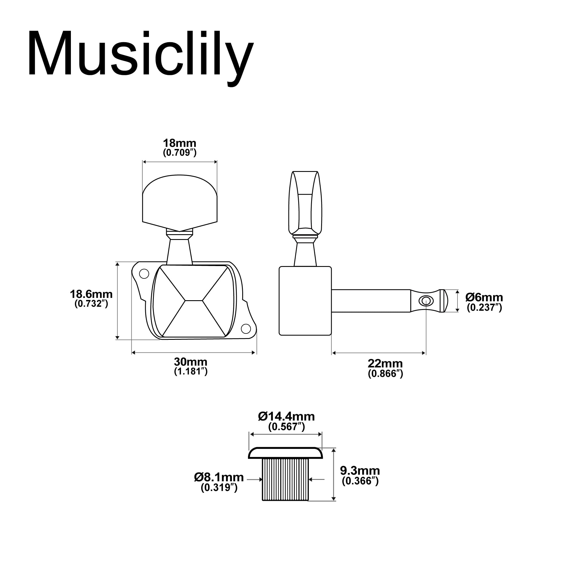 Musiclily 6 inline Semi Closed Guitar Tuners Tuning Pegs Keys Machine Heads Set for Squier Strat Electric Guitar, Black